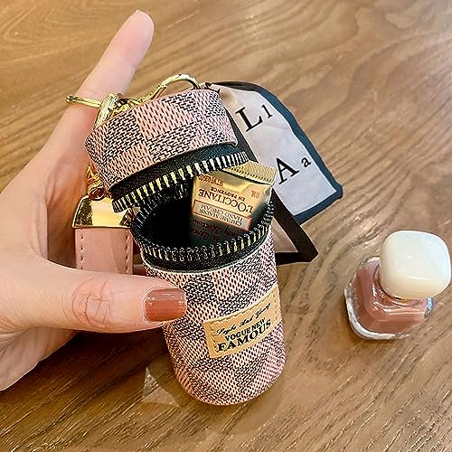 2Pcs Lipstick Organizer, Luxury Leather Lip Gloss Bag, Mini Lipstick Case with Keychain, Girls travel Lipgloss Makeup Storage Holder for Purse Perfume Fingernail Polish (White, Pink)