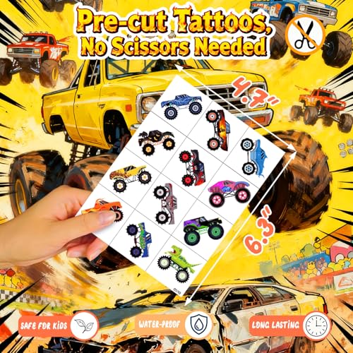 120 PCS Monter Truck pre-Cut Temporary Tattoos for Kids | Monster Truck Themed Birthday Party Favors, Decorations, Supplies; Fake Tattoos Sticker for Goodie Bags Stuffers (Multiple)