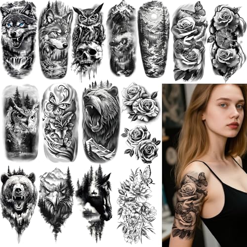 34 Sheets Half Arm Temporary Tattoos for Adults and Kids Waterproof Fake Tattoo for Men women Realistic Butterfly Rose Lion Tiger Wolf, Eagle Owl Forest - Long Lasting Tattoo Stickers for Halloween