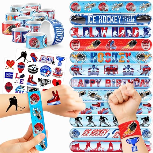 48-Piece Ice Hockey Party Set: Temporary Tattoos (24PCS) and Slap Bracelets (24PCS) - Perfect for Themed Birthday Parties, Baby Showers, Classroom Rewards, and Gifts for Kids