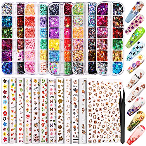 Teenitor Acrylic Nail Kits for Beginners, 600pcs Clear Coffin Nail Tips, 16 Sheets Nail Art Sticker, 8 Boxes Nail Sequins Glitters, 15pcs Nail Art Brushes, 5pcs Nail Dotting Pens