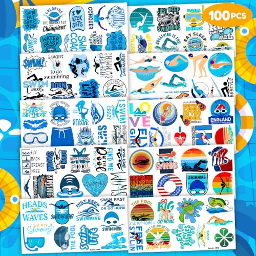 96PCS Swim Swimming Team Temporary Tattoos Summer Beach Pool Themed Birthday Party Decorations Favors Supplies Decor Sport Tattoo Stickers Gifts For Swimmers Kids Boys Girls School Prizes Carnival
