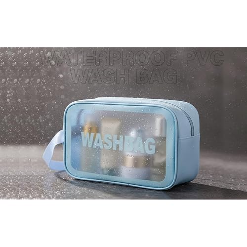 Makeup Cosmetic Bag Travel Organizer ? 3 Piece Set in Blue, PU+PVC Material ? Small, Medium, Large ? Waterproof, Durable & Stylish Toiletry Bags for Women