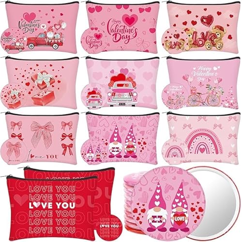 40 Pcs Valentines Day Cosmetic Makeup Bags Gift Bulk Valentine's Day Makeup Bags Bulk with Compact Mirrors Pink Red Travel Pouches with Zipper Toiletry Organizer for Women Party Favors Galentines Gift
