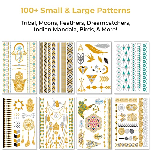 Metallic Temporary Tattoos for Women Teens Girls - 8 Sheets Gold Silver Temporary Tats Glitter Shimmer Designs Jewelry Tattoos - 100+ Color Flash Fake Waterproof Tattoo Stickers (Caicos)