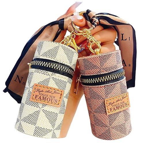 2Pcs Lipstick Organizer, Luxury Leather Lip Gloss Bag, Mini Lipstick Case with Keychain, Girls travel Lipgloss Makeup Storage Holder for Purse Perfume Fingernail Polish (White, Pink)