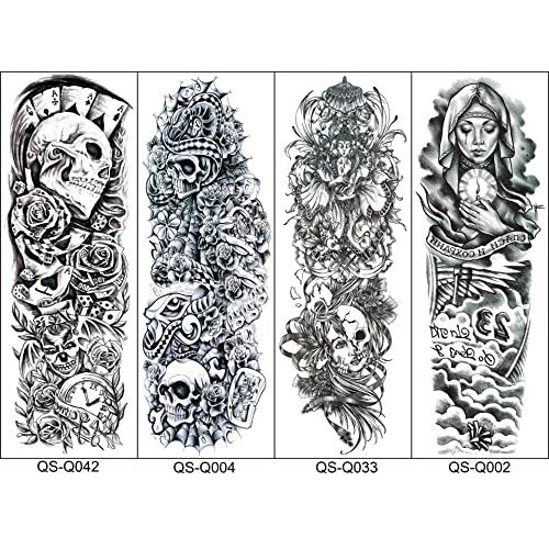 18.9x6.7 8 Sheets Extra Large Temporary Fake Tattoos Set for Men and Women, Full Arm Tattoo Sticker Skull Flower Paper Decal Fake Tattoos Sleeve DIY Black Body Art Sticker, Black 1
