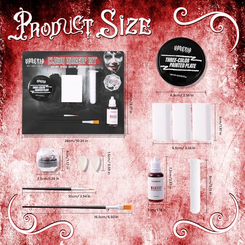 VANERIA Clown Makeup Halloween, Black White Red Cream Face Body Paint for Halloween, SFX Makeup Set with Vampire Teeth & Fake Blood, Clown Art Theater With Brushes
