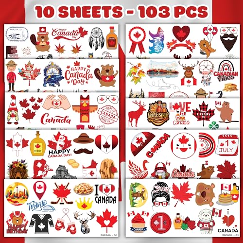 Canada Temporary Tattoos Sticker for Kids Birthday Party Supplies Decorations Party Favors 100PCS Tattoo Maple Syrup Canadian flag Canada Travel Themed Cute Kids Boy Gifts Ideal School Prizes Rewards