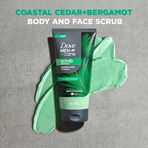 DOVE MEN + CARE Body and Face Scrub Costal Cedar Deeply Exfoliates for Hydrated & Nourished Skin 100% Gentle Cleanser, No Sulfate Cleansers or Parabens, 98% Biodegradable Formula 9 oz