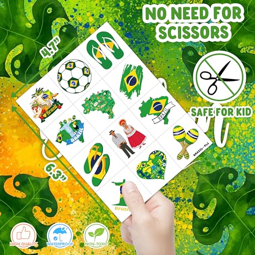 96 PCS Brazil Brazilian Pre-Cut Temporary Tattoos Themed Birthday Party Supplies Favors Decorations D?cor Soccer Carnival Tattoo Stickers Gifts For Boys Girls Class School Prizes Carnival Cartoon