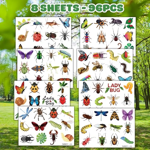 Bug Temporary Tattoos Party Favors 96 PCS Bees, Spiders, Beetles, Caterpillar, Ladybug Themed Stickers for Kids Birthday Party Supplies, Decorations, Favors, and Prizes - Cute Gifts for Boys