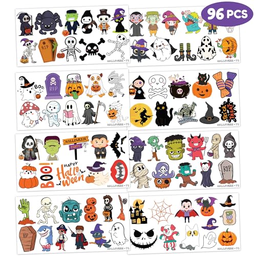 Halloween Temporary Tattoos Stickers for Kids Funny Halloween Themed 96PCS Birthday Party Supplies Favors Funny Cool Super Cute Fake Tattoos Party Decorations Boys Girls School Rewards Gifts