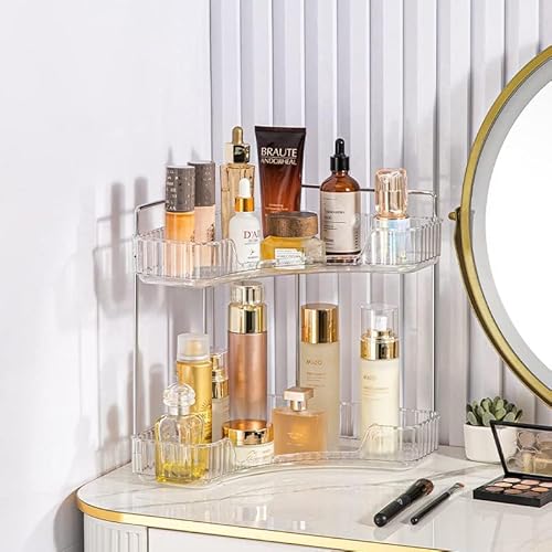 Corner Bathroom Counter Organizer, Vanity Trays for Bathroom, Skincare Makeup Organizer Shelf, Shelf Cosmetics, Toiletries, Lotions, Perfumes (2 Tiers, Clear)