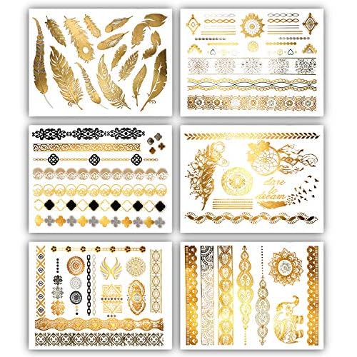 Terra Tattoos Gold Metallic Tattoo Flash Sheets Designs of Feathers, Flowers, Jewerly & more! Face Tattoos for Women Waterproof Nontoxic Long Lasting 75+ Designs for Vacation, Festivals Parties - Gold