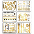 Terra Tattoos Gold Metallic Tattoo Flash Sheets Designs of Feathers, Flowers, Jewerly & more! Face Tattoos for Women Waterproof Nontoxic Long Lasting 75+ Designs for Vacation, Festivals Parties - Gold