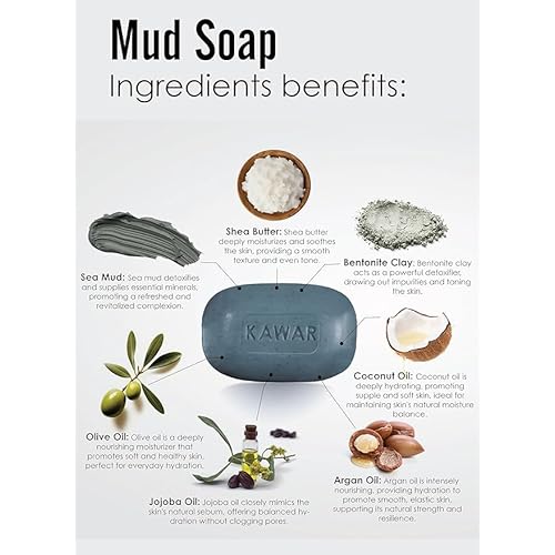 KAWAR Dead Sea Black Mud Soap with Shea Butter & Olive Oil - Relief for Acne, Psoriasis & Eczema - Moisturizing Vegan Bar for Men & Women - For Oily to Normal Skin, 4.2 oz