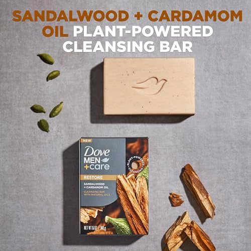 DOVE MEN + CARE Cleansing Bar Soap Sandalwood + Cardamom Oil to Rebuild Skin in the Shower,a 4in1 Hair,Body,Face & Shaving Bar with Plant-Based Cleanser and Natural Oils 5 oz,(Pack of 8)