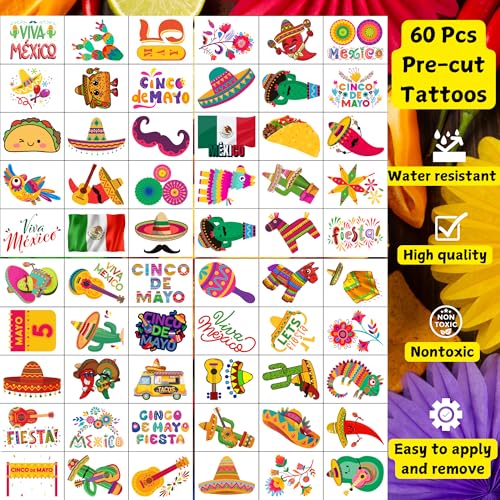 Cinco De Mayo Temporary Tattoos - Cinco De Mayo Decorations Fiesta Party Decorations Supplies Accessories Traditional Mexico Fiesta Party Favors Mexican Design Taco Celebration Gift Idea For Family