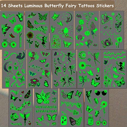Luminous Butterfly Tattoos for Kids - 14 Sheets Glow in The Dark Butterfly Fairy Temporary Tattoos for Girls Birthday Party Favors Goodie Bag Fillers