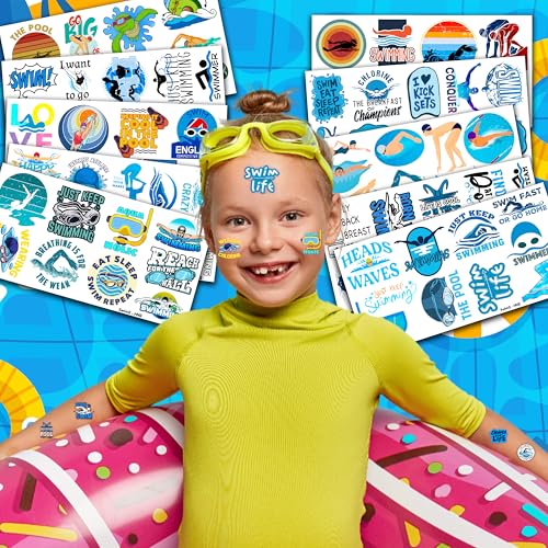 96PCS Swim Swimming Team Temporary Tattoos Summer Beach Pool Themed Birthday Party Decorations Favors Supplies Decor Sport Tattoo Stickers Gifts For Swimmers Kids Boys Girls School Prizes Carnival