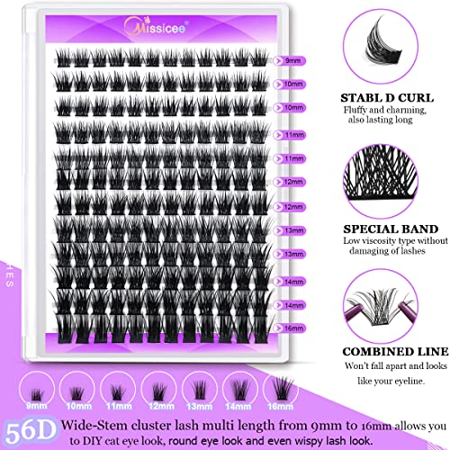 DIY Lash Extension Kit, Missicee Cluster Eyelash Extension Kit with Lash Bond & Seal, Applicator and Remover, 144 Pcs 0.10mm 56D 9-16mm Mixed Wide-stem Cluster Lash, Individual Lashes Kit at Home