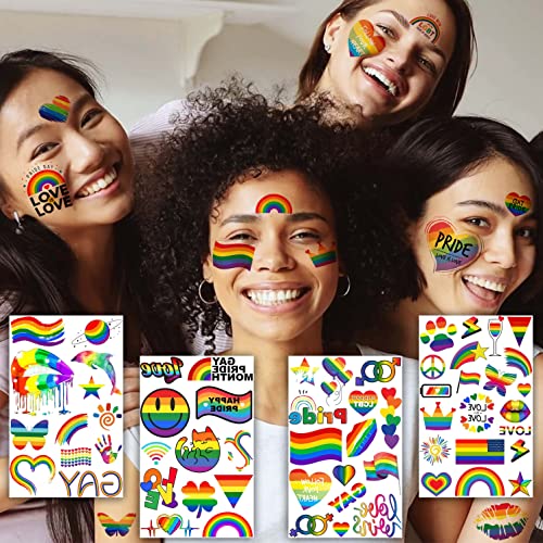 136+ PCS Gay Pride Tattoos For Women Men Adults, LGBT Rainbow Temporary Tattoos Pride Face Stickers, Temp Bulk Flag LGBTQ Fake Tattoos, Rainbow Pride Accessories Equality Parades Party Celebrations