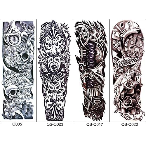 18.9x6.7 8 Sheets Extra Large Temporary Fake Tattoos Set for Men and Women, Full Arm Tattoo Sticker Skull Flower Paper Decal Fake Tattoos Sleeve DIY Black Body Art Sticker, Black 1