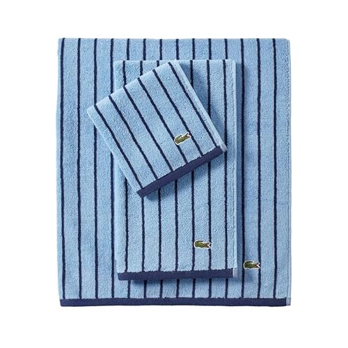Lacoste Centre Mark Towel ? 100% Soft Cotton Jacquard Stripe Design, Lightweight, Absorbent & Durable, Quick Drying, Blue, 13"x13" Wash Cloth