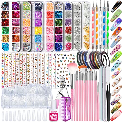 Teenitor Acrylic Nail Kits for Beginners, 600pcs Clear Coffin Nail Tips, 16 Sheets Nail Art Sticker, 8 Boxes Nail Sequins Glitters, 15pcs Nail Art Brushes, 5pcs Nail Dotting Pens