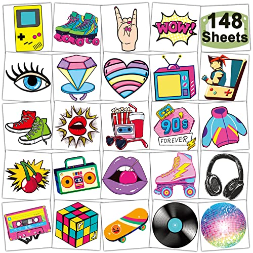 148 PCS 90s 80s Theme Temporary Tattoos for Kids - Retro Individual Tattoos for Boys Girls 90s Birthday Party Favors Goodie Bag Fillers