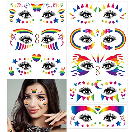 10 Sheets Gay Pride Face Temporary Tattoo Sticker, Rainbow Stripes Heart Star Butterfly Pattern Stickers, LGBT Facial Makeup Sticker for Pride Equality Party Parade Decoration Supplies