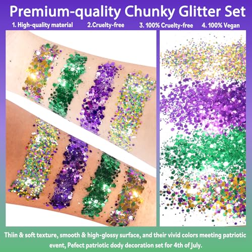 Allstarry Mardi Gras Face Glitter, 4 Colors Chunky Body Glitters Purple Green Gold Face Glitter Eyeshadow Makeup Hair and Eye Glitter Mardi Gras Accessories for Women Mask Balls Street Parties