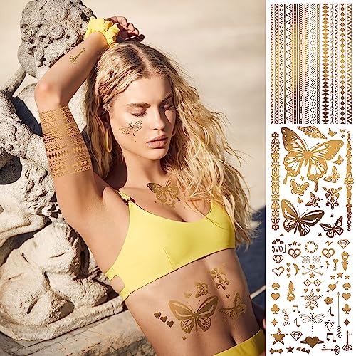 DPKOW 9 Sheets Gold Temporary Tattoos - Moon Star Butterfly Glitter Tattoos for Festival Flash Fake Waterproof Body Art
