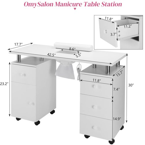 OmySalon Manicure Table Nail Desk for Nail Tech, Nail Table Beauty Salon Station w/Electric Dust Collector Acetone Resistant w/Lockable Wheel,Arm Rest