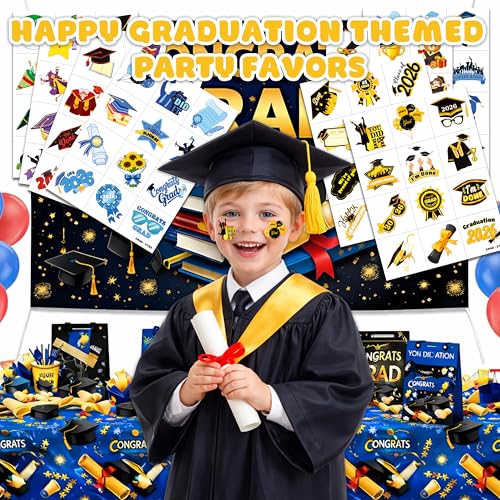 96 PCS Happy Graduation Temporary Tattoos for Kids - Pre-Cut Cute Grad Congrats Designs for Graduation Theme Parties, Fun Birthday Party Supplies Decorations Favors (Graduation-VT1)