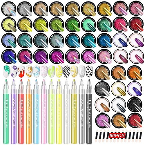 Saviland 48 Colors Mirror Chrome Nail Powder Set with 12 Colors Nail Polish Pens for Nail Art