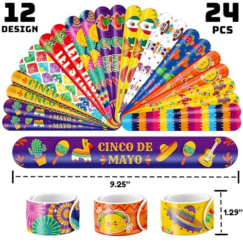 48PCS Cinco de Mayo Party Favor Set - 24PCS Temporary Pre - cut Tattoos & 24PCS Slap Bracelets - Mexican Fiesta Birthday Supplies, Baby Shower Gifts, Classroom Rewards & Party Decor for Kids