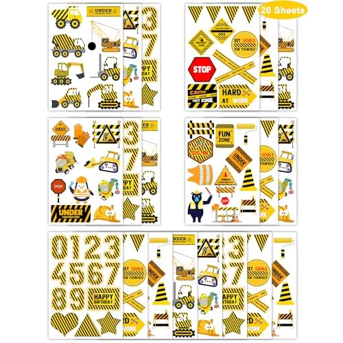 216 Pieces Under Construction Temporary Tattoos Stickers,20 Sheets Yellow and Black Striped Themed Tattoos Stickers Party Decoration Supplies Party favors for Kids Adults