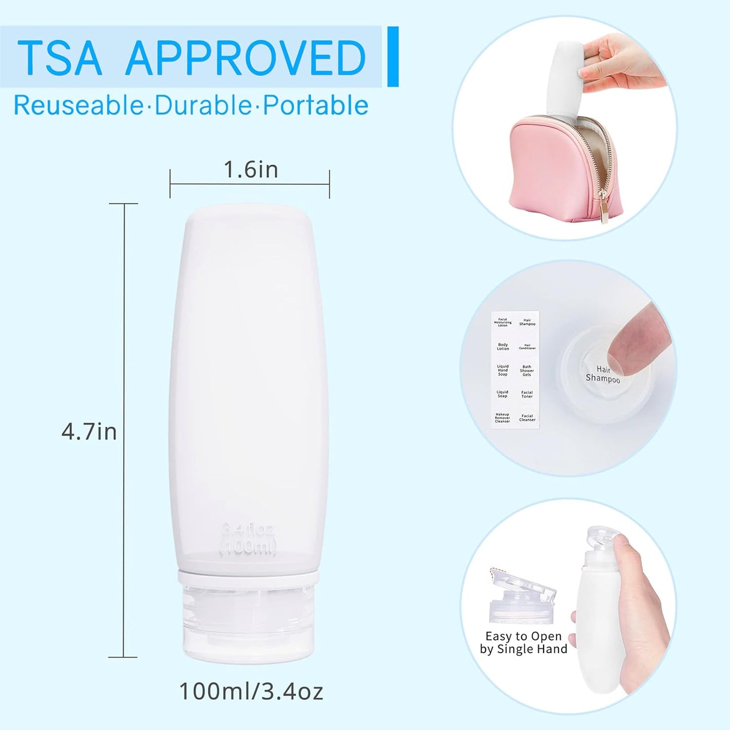 Travel Size Silicone Bottles Set - TSA Approved Leak-Proof 4 Pack for Toiletries