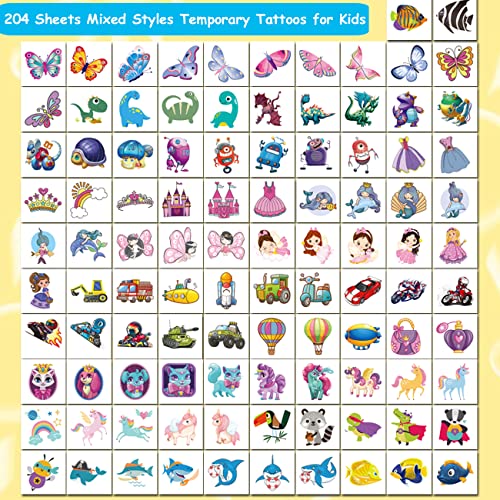 204 PCS Individually Wrapped Temporary Tattoos for Kids - Fun Tattoos for Boys Girls Birthday Party Favors Goodie Bag Fillers