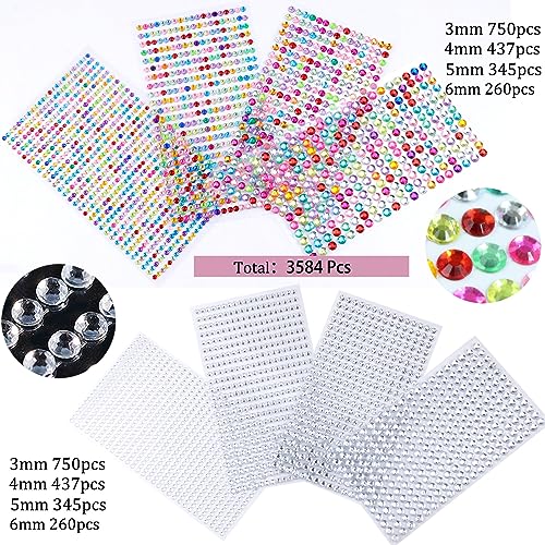 3584 Pcs Self Adhesive Rhinestones for Makeup Eyes 15 Colors Rainbow Rhinestones Face Jewels Gems Stick on, DIY Nail Makeup 3mm 4mm 5mm 6mm Rave Festival Accessories Costume for Women