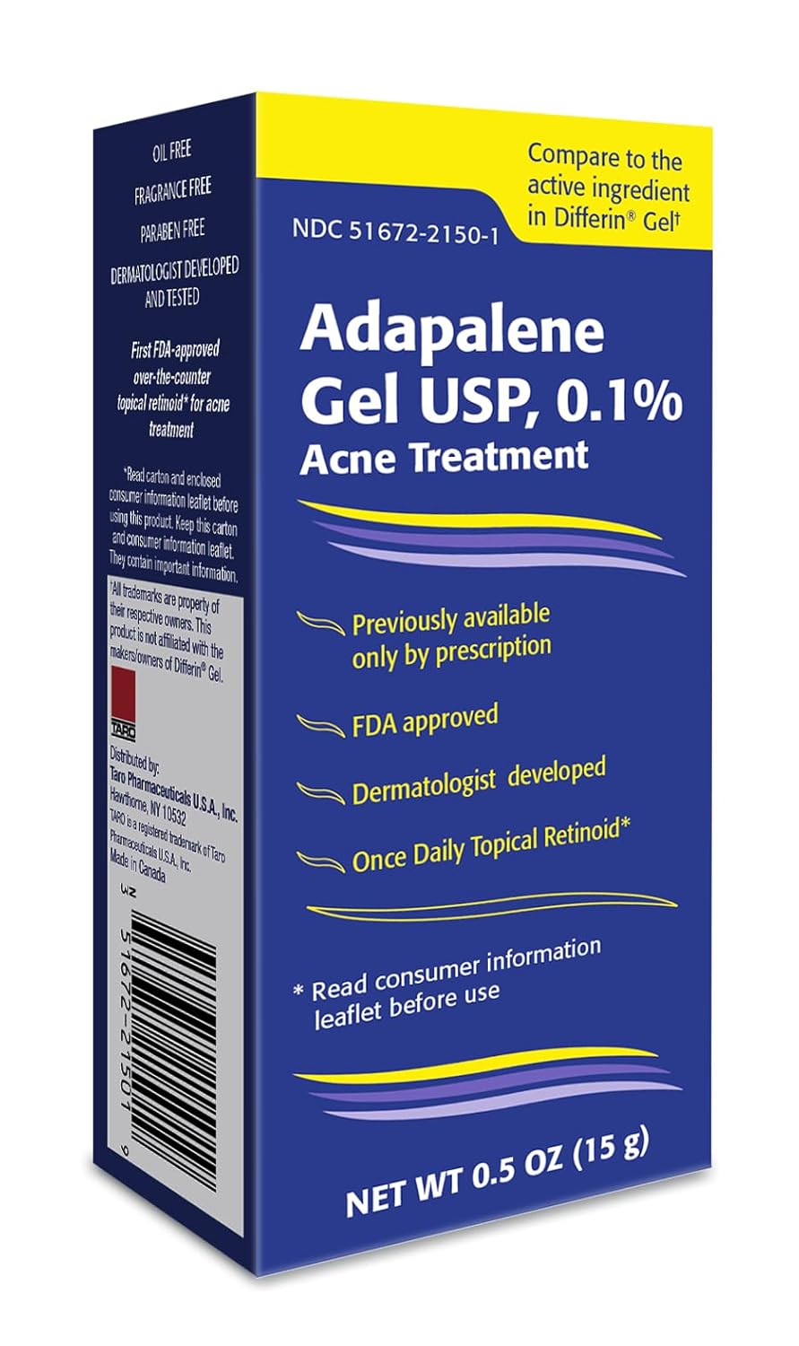 TARO Adapalene 0.1% USP Gel, Paraben Free, Retinoid Acne-Prone Facial Treatment for Sensitive Skin, Prescription Strenght (0.5)