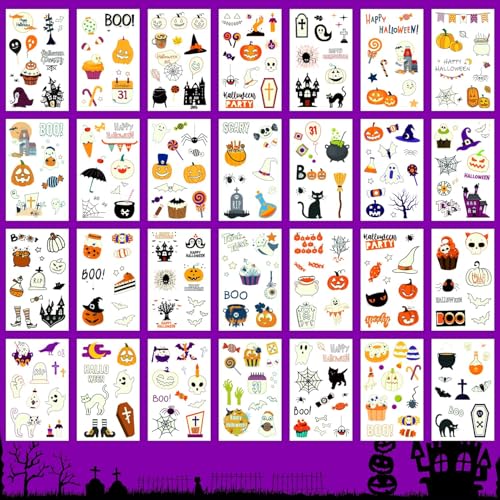 Partywind 56 Sheets Luminous Blue Halloween Tattoos for Kids Party, 520 Styles Halloween Party Supplies Favors Decorations for Boys and Girls Treats, Goodie Bag Stuffers for Trick or Treat Party