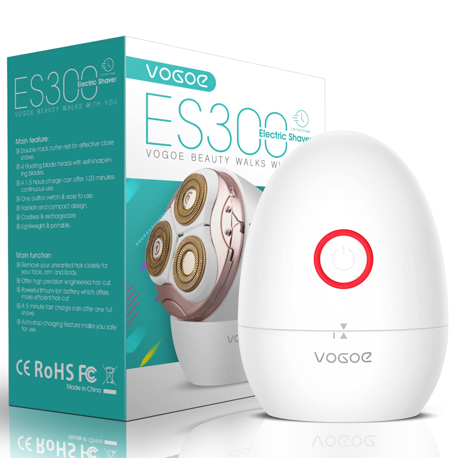 VOGOE Electric Shaver for Women 3D Floating Blade Rotary Razor Hair Remover for Arms, Legs and Underarms Rechargeable Portable and Safe Wet and Dry Use ES300