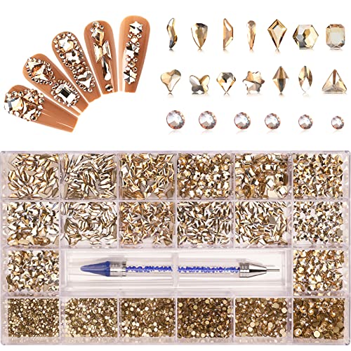 8000Pcs Mini 1.2mm Nail Rhinestones Sand Nail Diamonds Micro Pixie Crystals for Nails+Champagne Gold Nail Rhinestones Gems Stones Jewels Multi Round Shape for Nail Art Crafts with Wax Pen HINABTRU