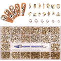 Gold Rhinestones for Nails Champagne Nail Gems Diamonds-7220Pcs Nail Crystals Jewels-Nail Charms Accessories for Nail Decoration(14 Different Shape+ 6520 Round Gold Nail Stones+Wax Pen)
