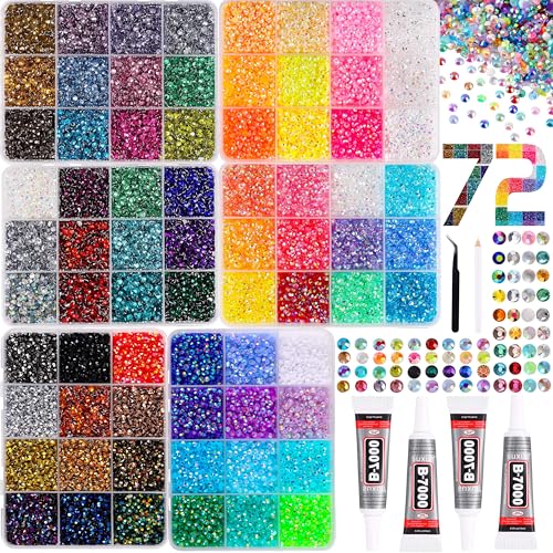 45000pcs Bedazzling Kit with 6 Box - 72 Colors Resin Jelly Rhinestones, 4¡¿10ml B7000 Jewelry Glue Multicolor 3mm Flatback Sparkling Gems for Nail Art, Crafts, Clothing, Diamond Painting