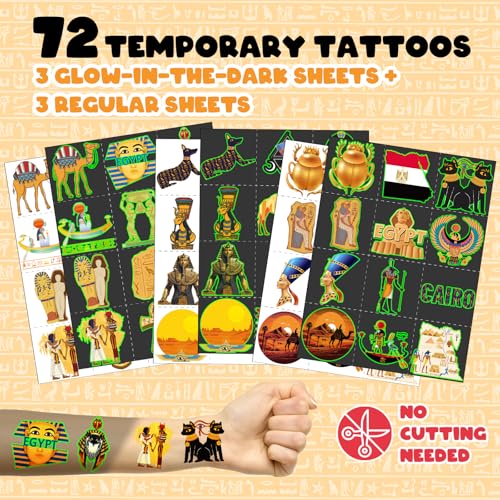 96 PCS Ancient Egypt Party Favors Set ? 72 Pre-Cut Temporary Tattoos & 24 Slap Bracelets, Perfect for Egyptian-Themed Events, Travel-Inspired & Ancient History Gifts
