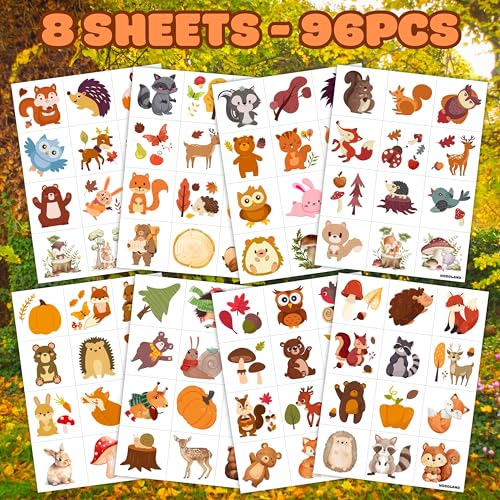 96PCS Woodland Animal Pre-Cut Temporary Tattoos for Kids - Cute Forest-Themed Party Favors, Perfect for Birthday Parties, School Prizes, Autumn Celebrations